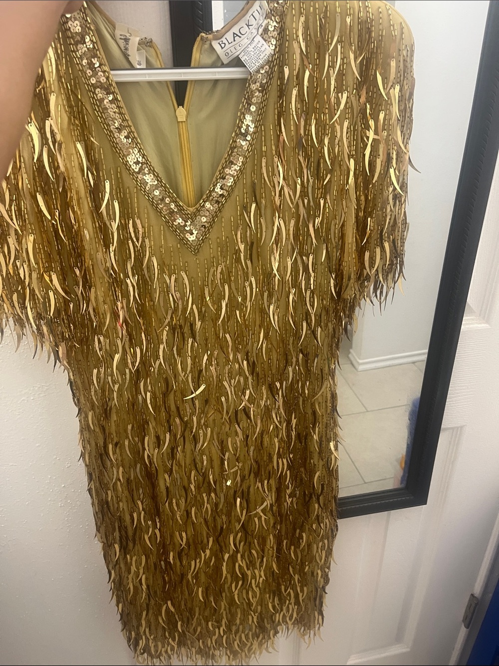 Oleg Cassini Gold Sequin Fringe Mini Dress